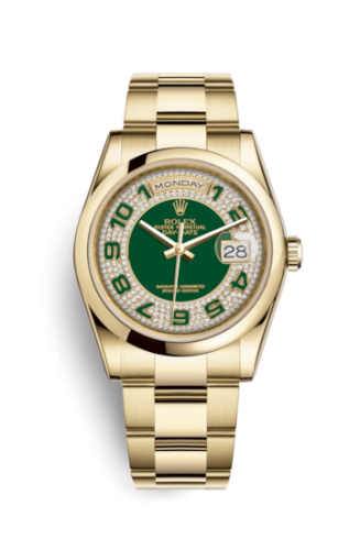[118208-0206] Day-Date 36 Yellow Gold Domed / Oyster / Green Paved