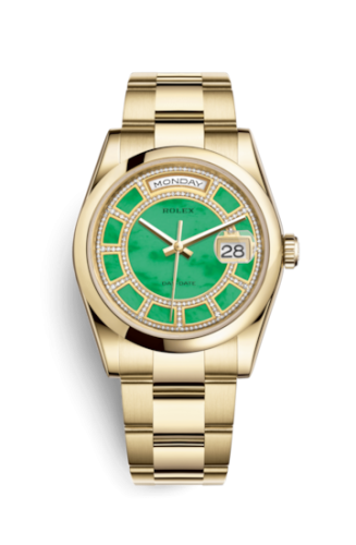 [118208-0353] Day-Date 36 Yellow Gold Domed / Oyster / Green Jade Carousel
