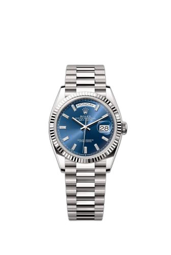 [128239-0069 (aka: M128239-0069)] Day-Date 36 White Gold - Fluted / Bright Blue - Baguette / President