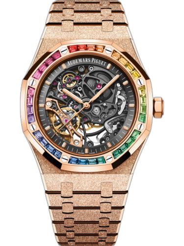 [15412OR.YG.1224OR.01] Royal Oak 41 Double Balance Wheel Openworked Frosted Pink Gold / Rainbow