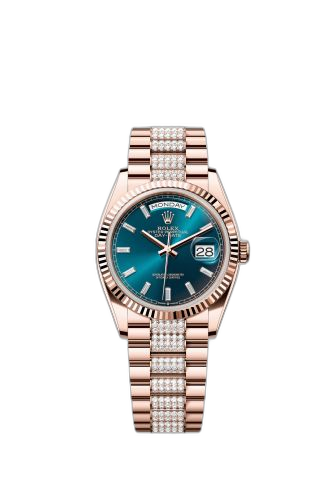 [128235-0086 (aka: M128235-0086)] Day-Date 36 Everose Gold - Fluted / Blue-Green - Baguette / President - Diamond